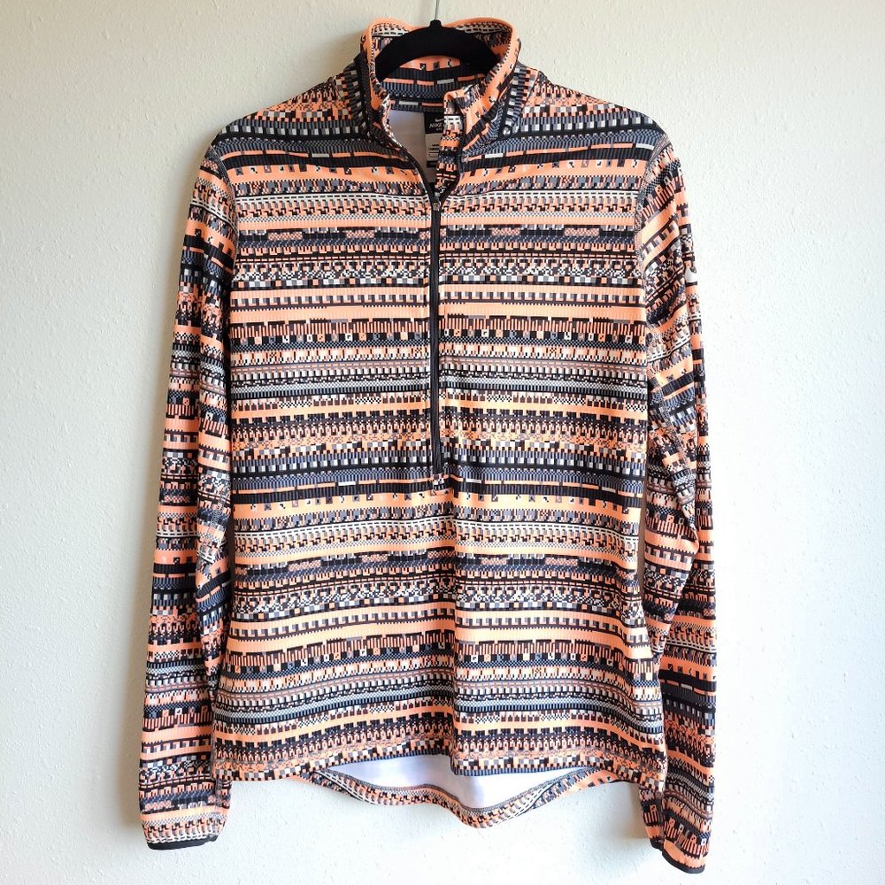 Women's Nike PRO DRI-FIT long sleeve pullover in peach/black/gray digital print